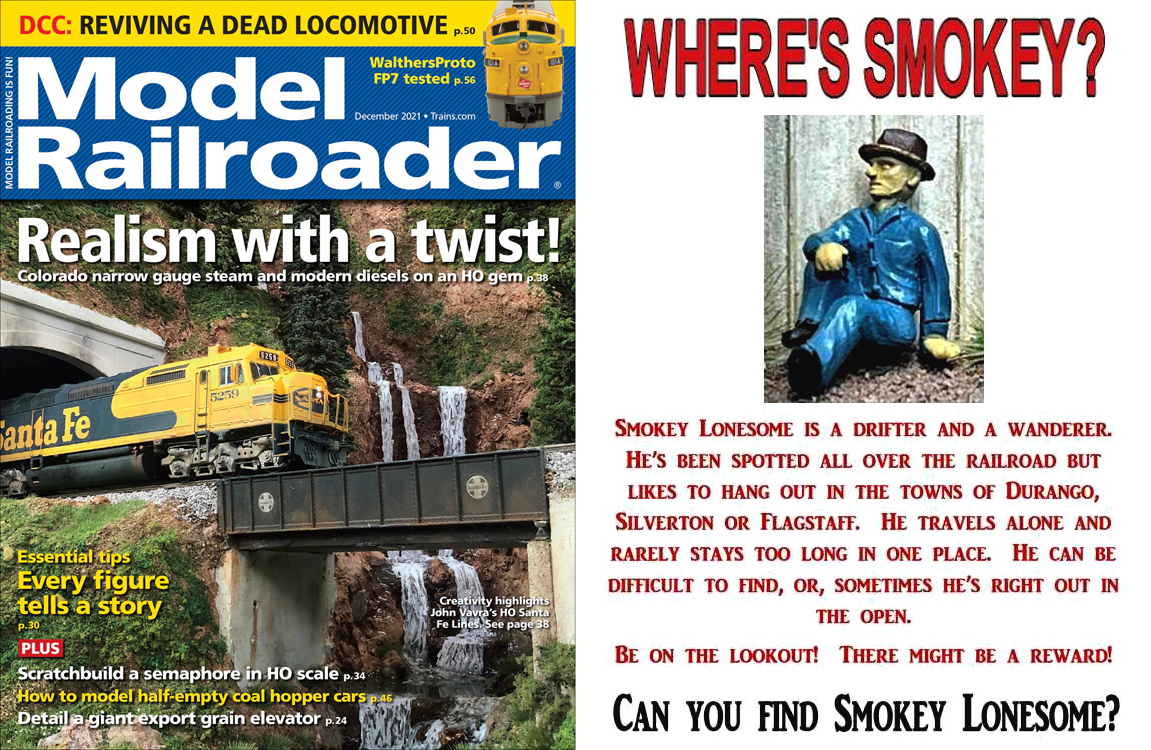 John Vavra's Santa Fe Lines featured on Model Railroader magazine, December 2021. Where's Smokey? poster.