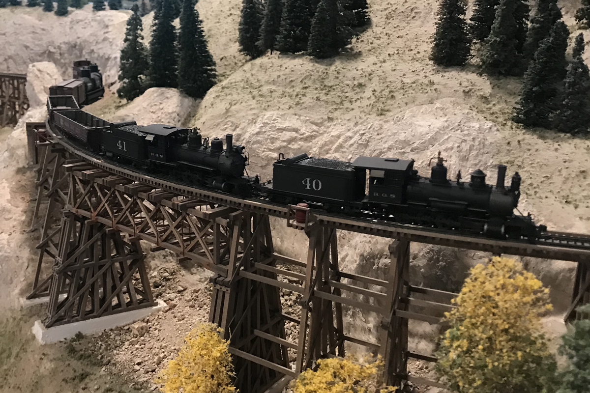 Rio Grande Southern #40 & 41 traveling over a trestle.