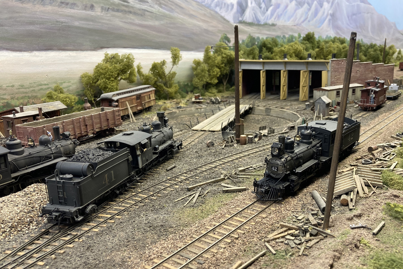 Railroad yard on Joel Shank's Rio Grande Southern Sn3 scale model railroad layout.